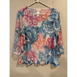 Alfred Dunner Womens Small Mesh Floral Print 3/4 Sleeve Top
